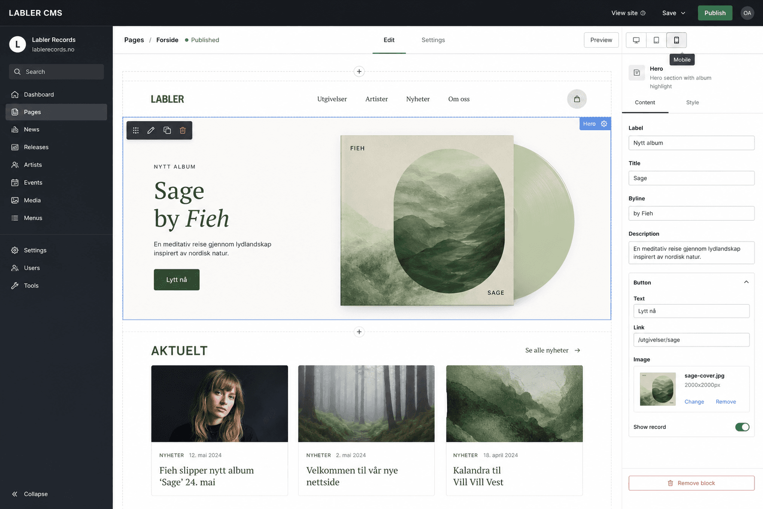 LABLER CMS for label-hjemmeside med blokker
